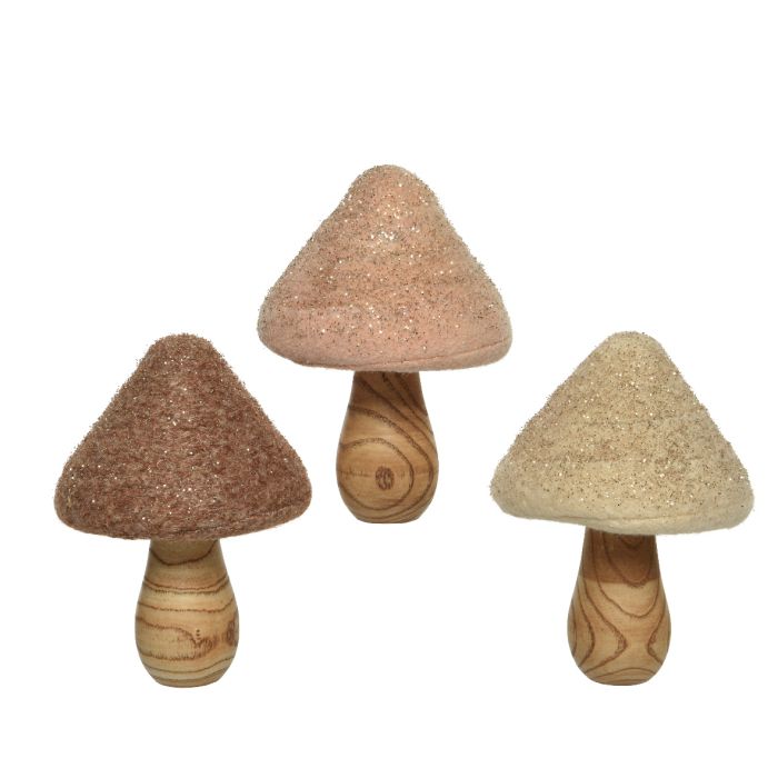 Mushroom with Wood Stem and Glitter Wool Dome