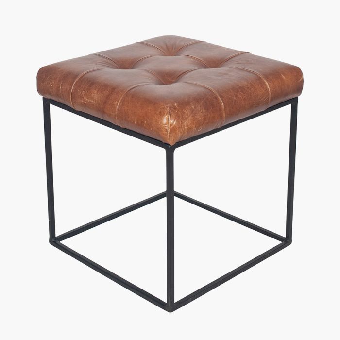 Arlo Vintage Brown Leather and Black Metal Stitched Seat Stool
