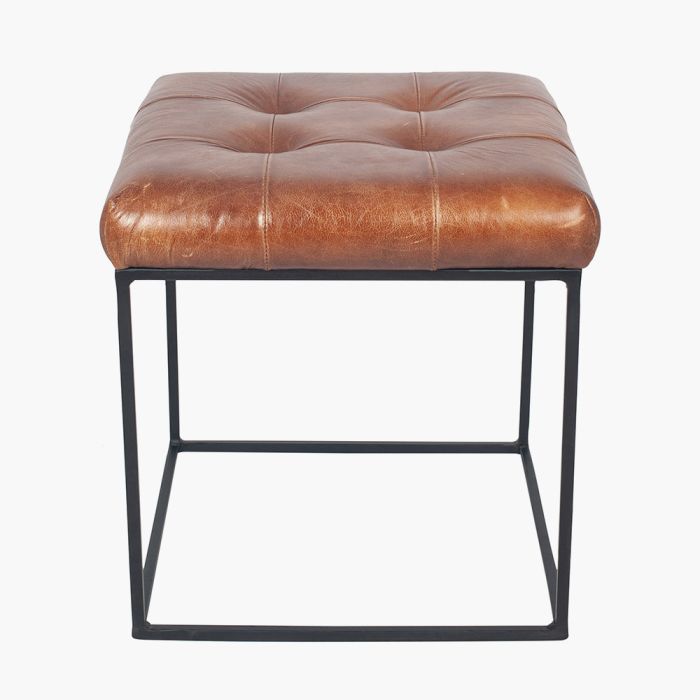 Arlo Vintage Brown Leather and Black Metal Stitched Seat Stool