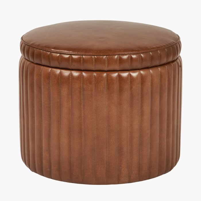 Alessandro Vintage Brown Leather Round Storage Pouffe