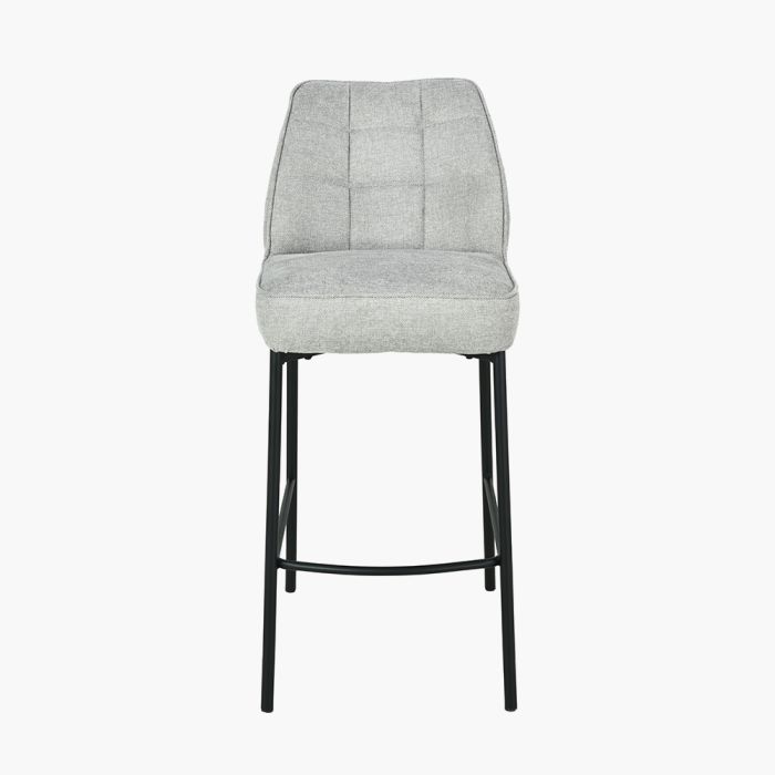 Enya Light Grey Chenille and Black Metal Quilted Back Bar Stool