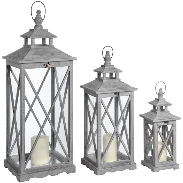 Set Of Three Wooden Hurricane Lanterns With Traditional Cross Section