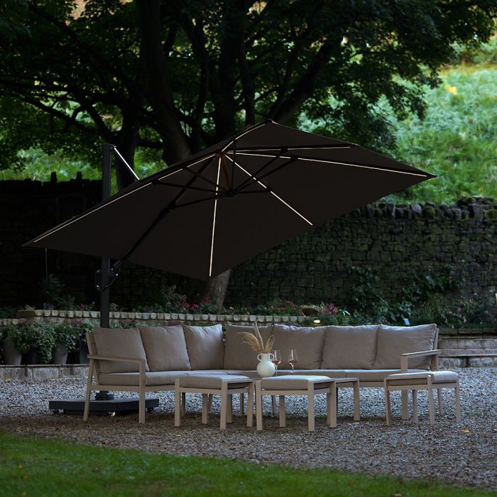 Platinum Premium Challenger T2 Glow Cantilever Parasol 300x300x265cm. Havana Taupe Canopy 