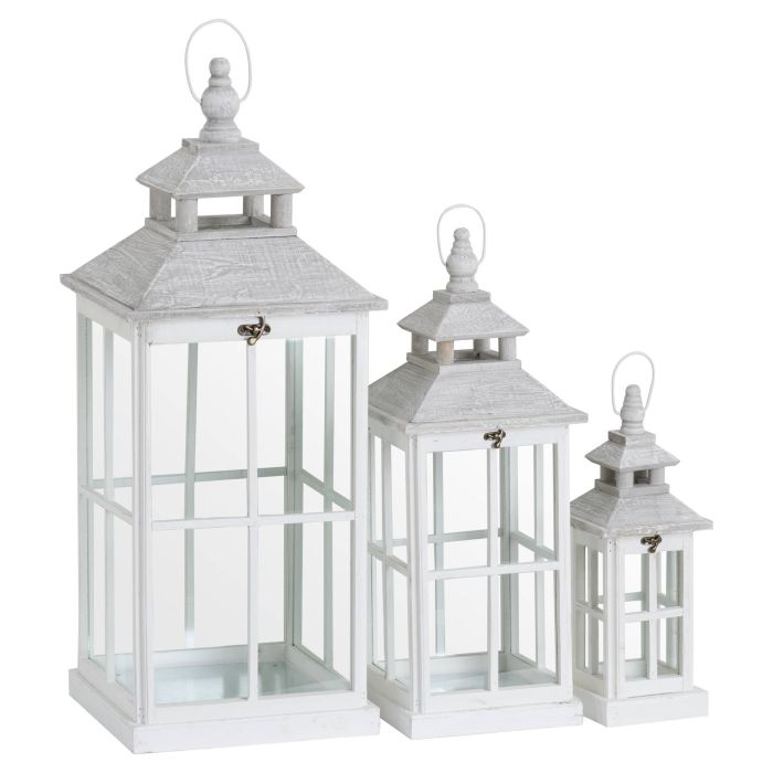 Set Of 3 White Window Style Hurricance Lanterns With Open Top