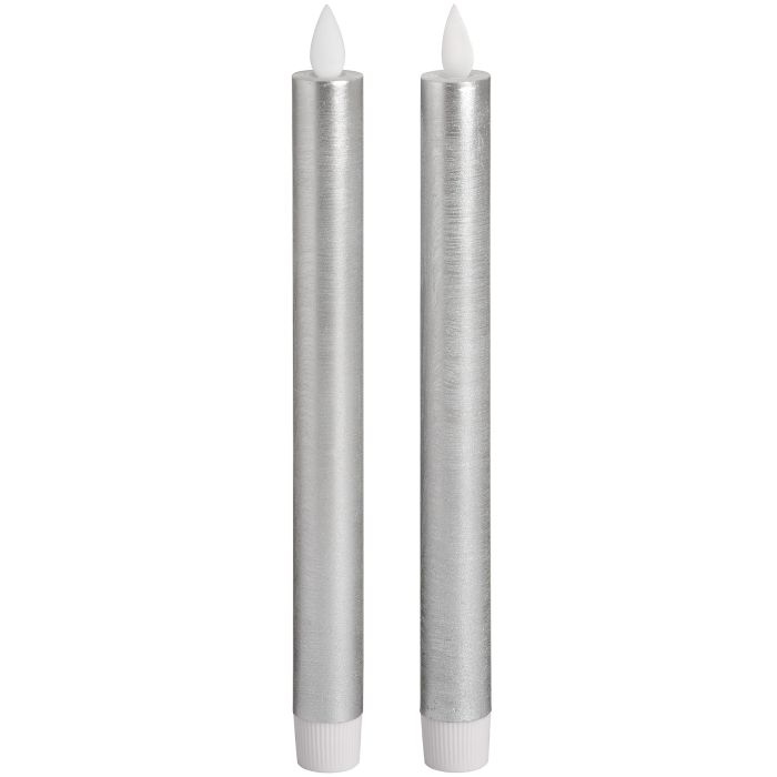 Pair Of Silver Luxe Flickering Flame LED Wax Dinner Candles