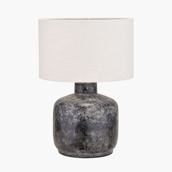 Vulcan Textured Volcanic Effect Grey Small Stoneware Table Lamp Base with Lino 25cm White Self Lined Linen Cylinder Lampshade