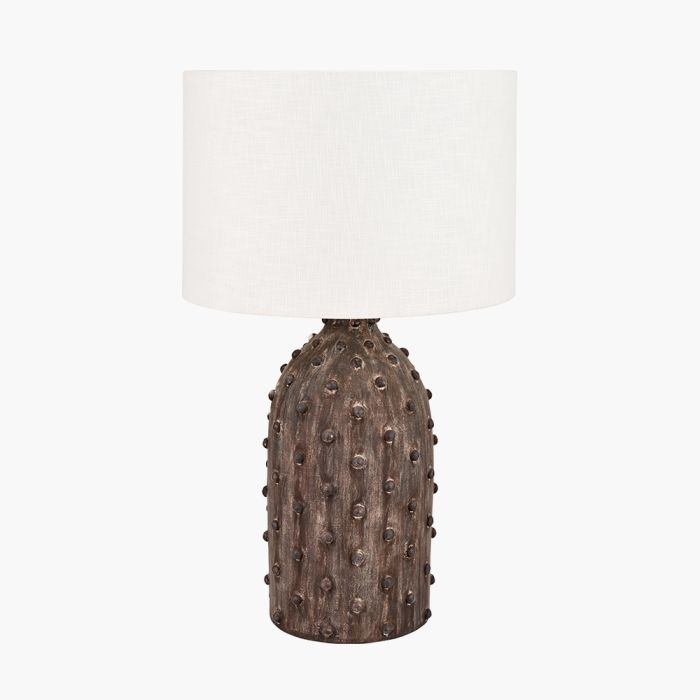 Kali Textured Dot Grey Stoneware Table Lamp Base with Lino 30cm White Self Lined Linen Cylinder Lampshade