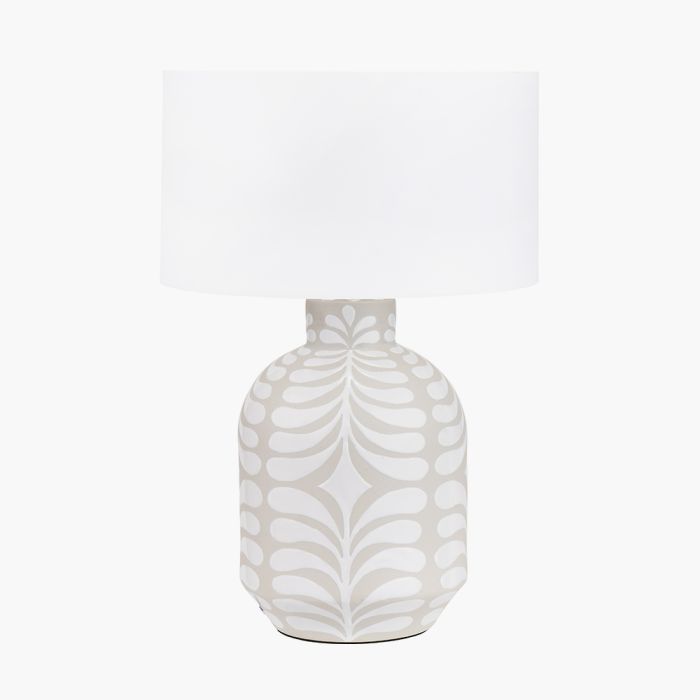 Tania Grey and White Pattern Ceramic Table Lamp Base with Lino 35cm White Self Lined Linen Cylinder Lampshade