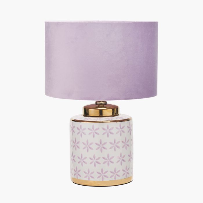 Thea Lillac and Gold Leaf Ceramic Table Lamp Base with Rene 35cm Blush Velvet Cylinder Lampshade