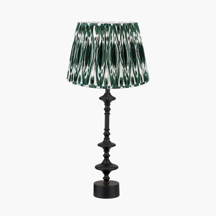 Emilio Matt Black Candlestick Table Lamp Base with Izara 35cm Racing Green Ikat Patterned Mushroom Pleat Tapered Lampshade