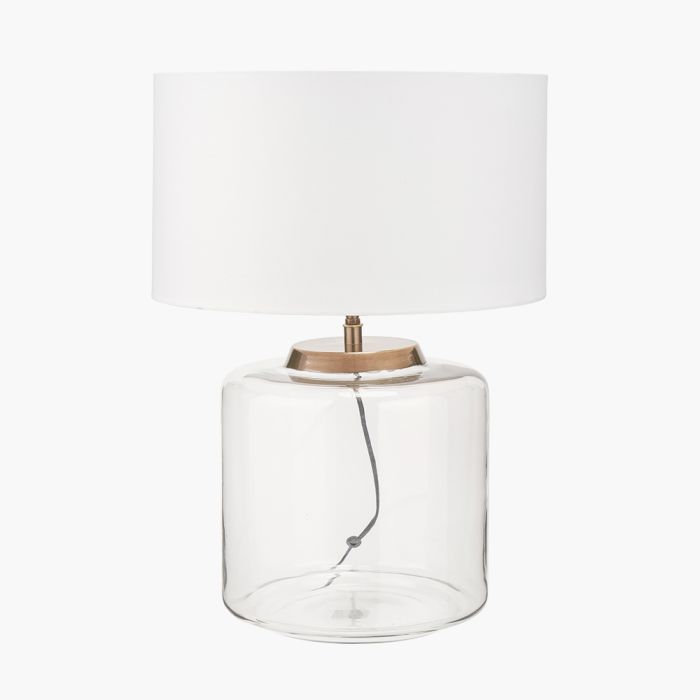 Josie Clear Glass and Antique Brass Metal Large Table Lamp Base with Harry 40cm Ivory Cotton Mix Cylinder Lampshade
