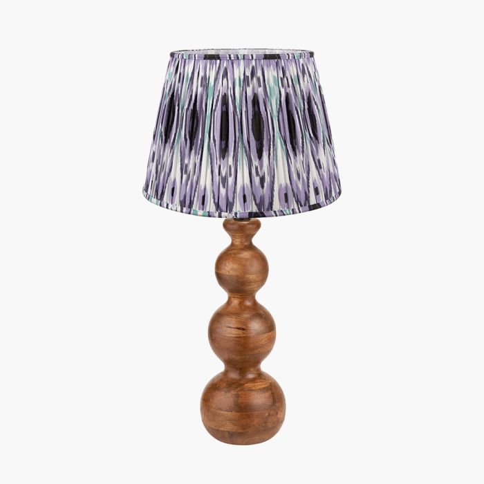 Nyari Brown Oiled Finish Mango Wood 3 Ball Design Table Lamp Base with Izara 40cm Lilac Ikat Patterned Mushroom Pleat Tapered Lampshade