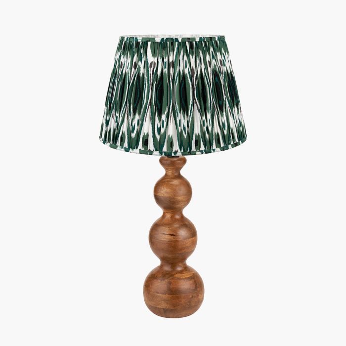 Nyari Brown Oiled Finish Mango Wood 3 Ball Design Table Lamp Base with Izara 40cm Racing Green Ikat Patterned Mushroom Pleat Tapered Lampshade
