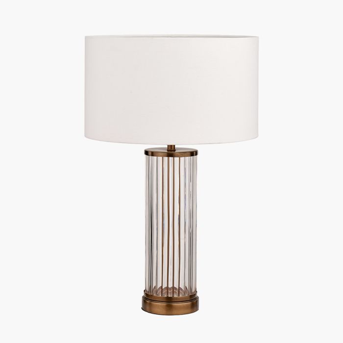 Ciara Clear Glass and Antique Brass Metal Table Lamp Base with Henry 35cm White Handloom Cylinder Lampshade