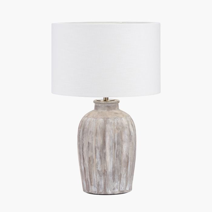 Ambrosia Natural Grooved Stoneware Table Lamp Base with Lino 35cm White Self Lined Linen Cylinder Lampshade