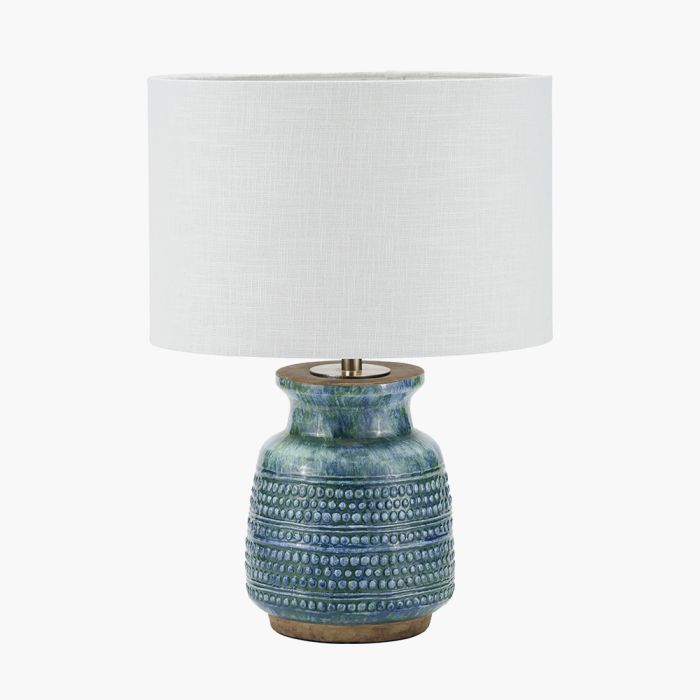 Theano Dot Design Blue Glaze Table Lamp Base with Lino 30cm White Self Lined Linen Cylinder Lampshade