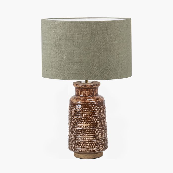 Theano Dot Design Brown Glaze Tall Table Lamp Base with Edward 35cm Pistachio Green Linen Cylinder Lampshade