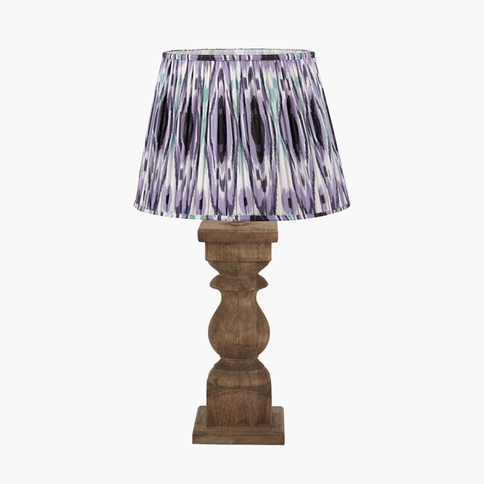 Kavya Antique Brown Turned Wood Table Lamp Base with Izara 45cm Lilac Ikat Patterned Mushroom Pleat Tapered Lampshade