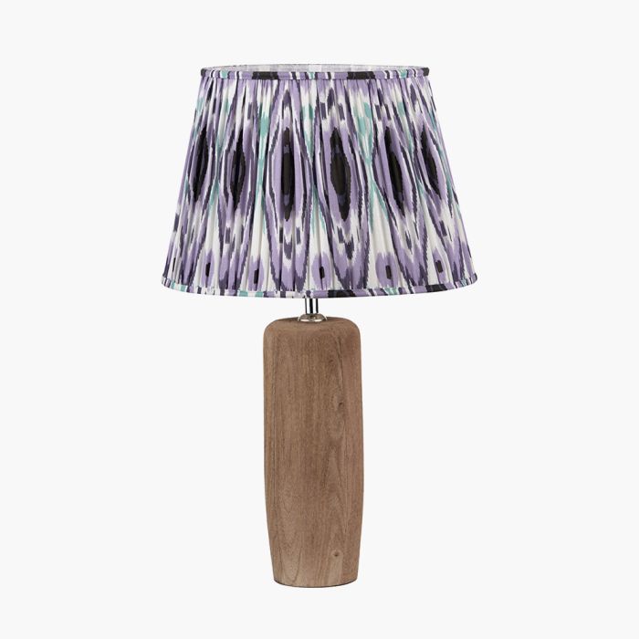 Inaya Natural Tapered Large Wood Table Lamp Base with Izara 40cm Lilac Ikat Patterned Mushroom Pleat Tapered Lampshade