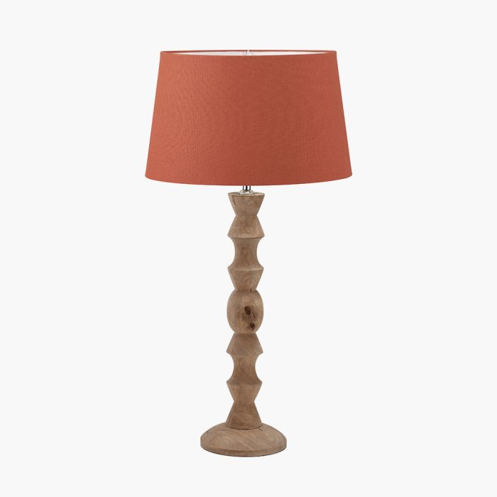 Ayra Natural Modernist Large Turned Wood Table Lamp Base with Winston 40cm Tobacco Handloom Tapered Lampshade