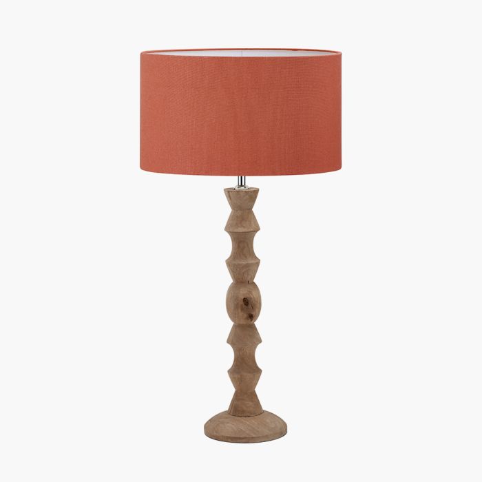 Ayra Natural Modernist Large Turned Wood Table Lamp Base with Henry 40cm Tobacco Handloom Cylinder Lampshade