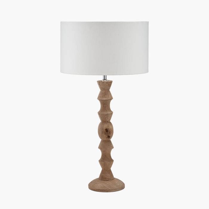 Ayra Natural Modernist Large Turned Wood Table Lamp Base with Henry 40cm White Handloom Cylinder Lampshade