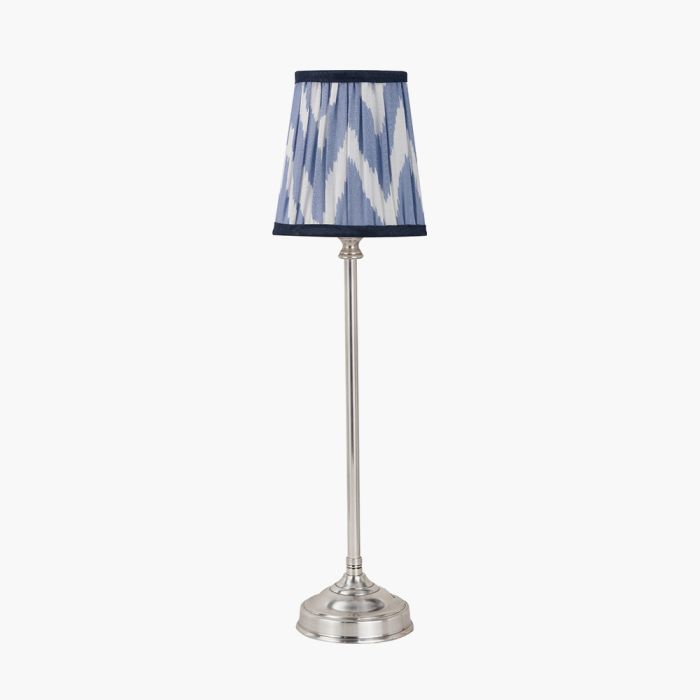 Auden Silver Metal Stick Table Lamp Base with Kamilah 14cm Blue Chevron Patterned Mushroom Pleat Tall Tapered Candle Clip Lampshade