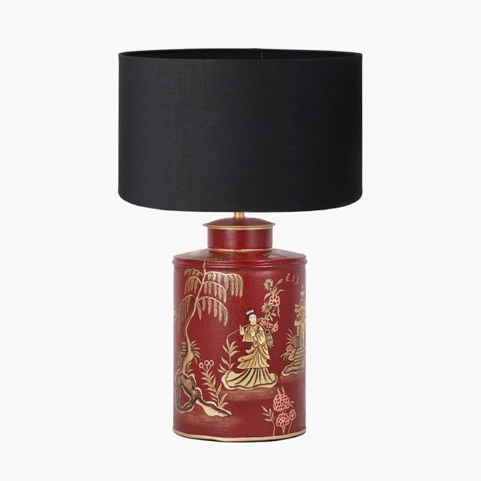 Landscape Red Hand Painted Metal Table Lamp Base with Harry 35cm Black Cotton Mix Cylinder Lampshade