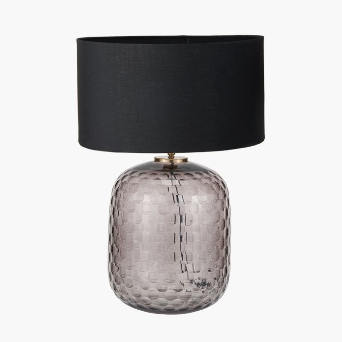 Camille Large Smoke Grey Circle Design Handcut Glass Table Lamp Base with Harry 35cm Black Cotton Mix Cylinder Lampshade