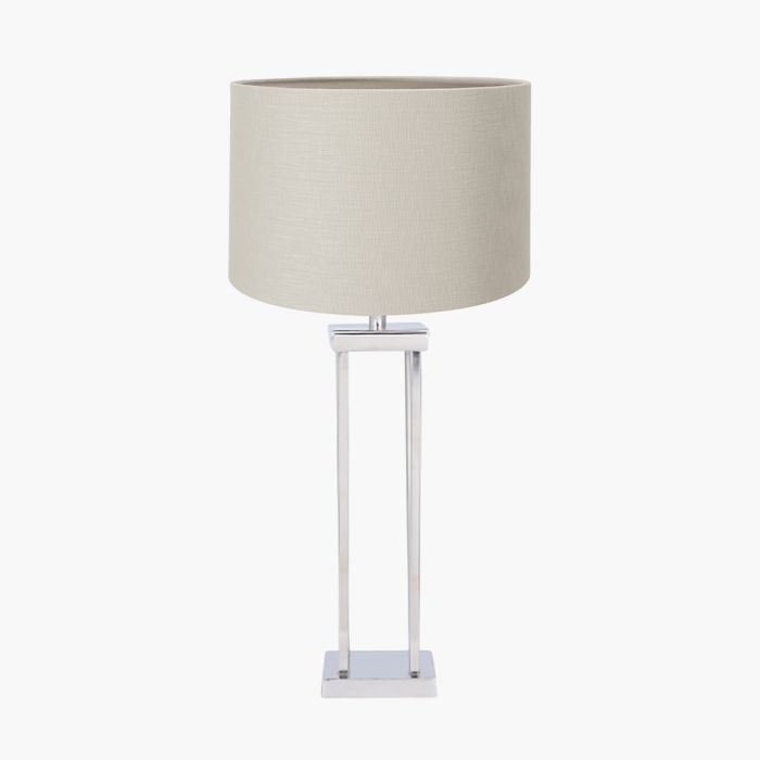 Langston Nickel Metal Column Table Lamp Base with Lino 40cm Grey Self Lined Linen Cylinder Lampshade