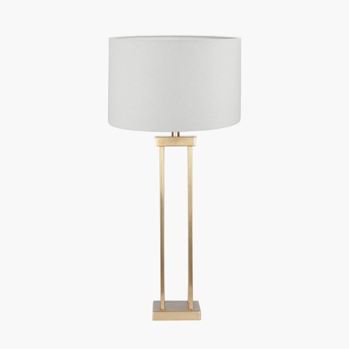 Langston Satin Brass Metal Column Table Lamp Base with Lino 40cm White Self Lined Linen Cylinder Lampshade