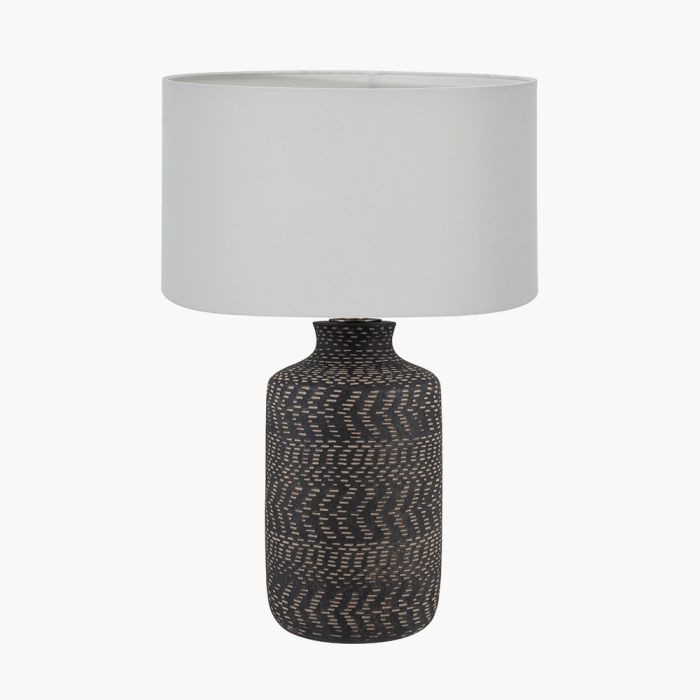 Atouk Textured Black Stoneware Table Lamp Base with Harry 35cm Ivory Cotton Mix Cylinder Lampshade