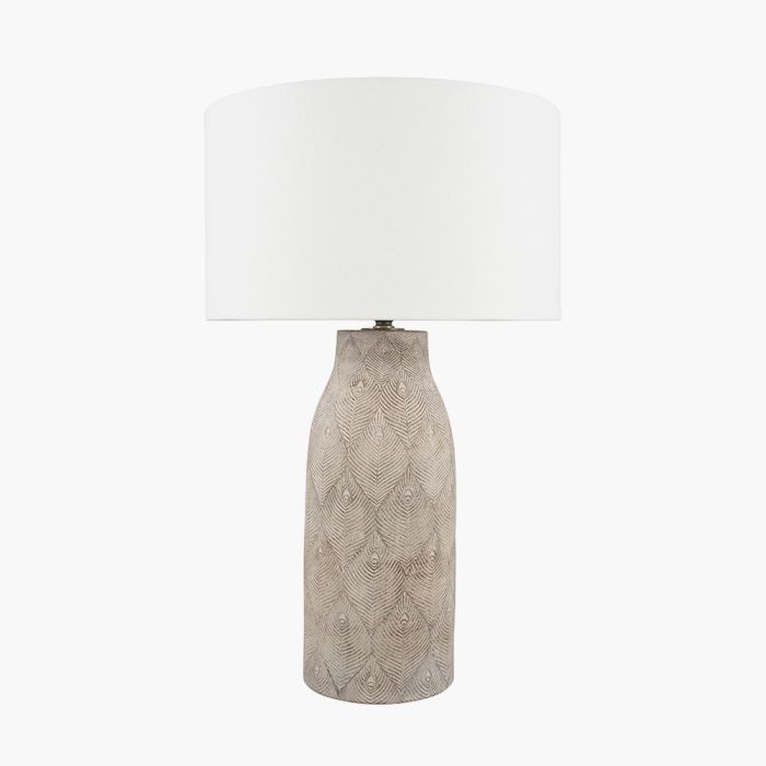 Palawan Stone Grey Feather Stoneware Table Lamp Base with Henry 40cm White Handloom Cylinder Lampshade