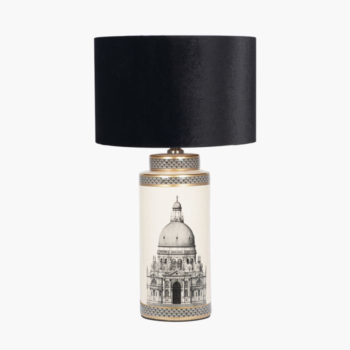 Wren Black and Cream Building Print Tall Ceramic Table Lamp Base with Bow 35cm Black Velvet Cylinder Lampshade