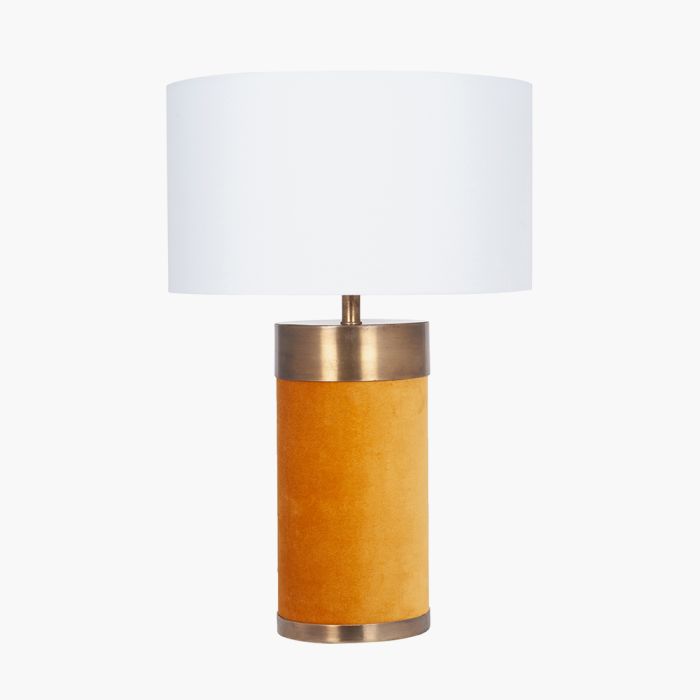 Dempsey Mustard Velvet and Antique Gold Metal Table Lamp Base with Harry 30cm Ivory Cotton Mix Cylinder Lampshade