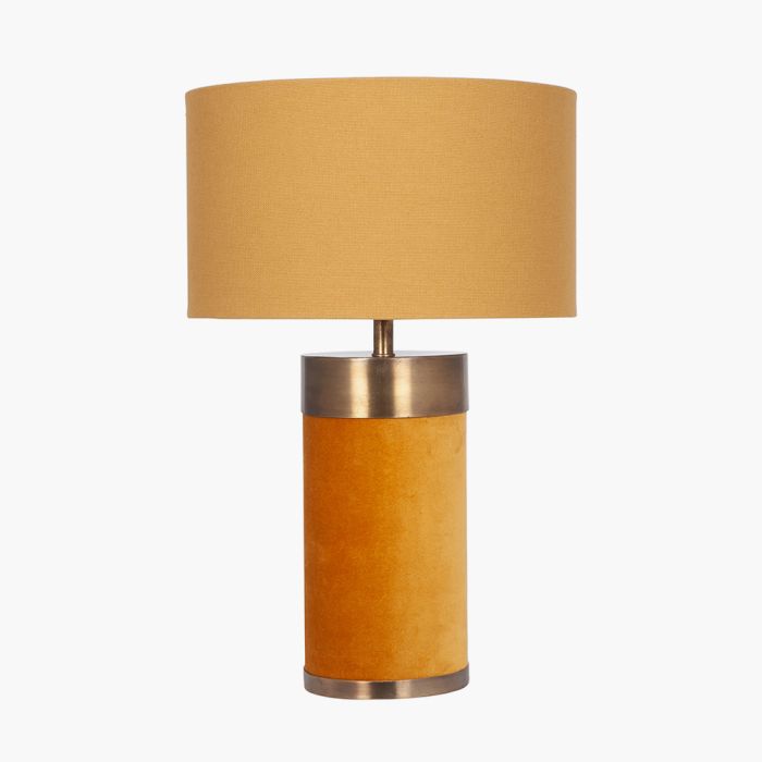 Dempsey Mustard Velvet and Antique Gold Metal Table Lamp Base with Henry 30cm Mustard Handloom Cylinder Lampshade