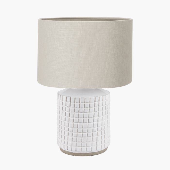 Malone Textured White Squares Design Stoneware Table Lamp Base with Lino 35cm Grey Self Lined Linen Cylinder Lampshade