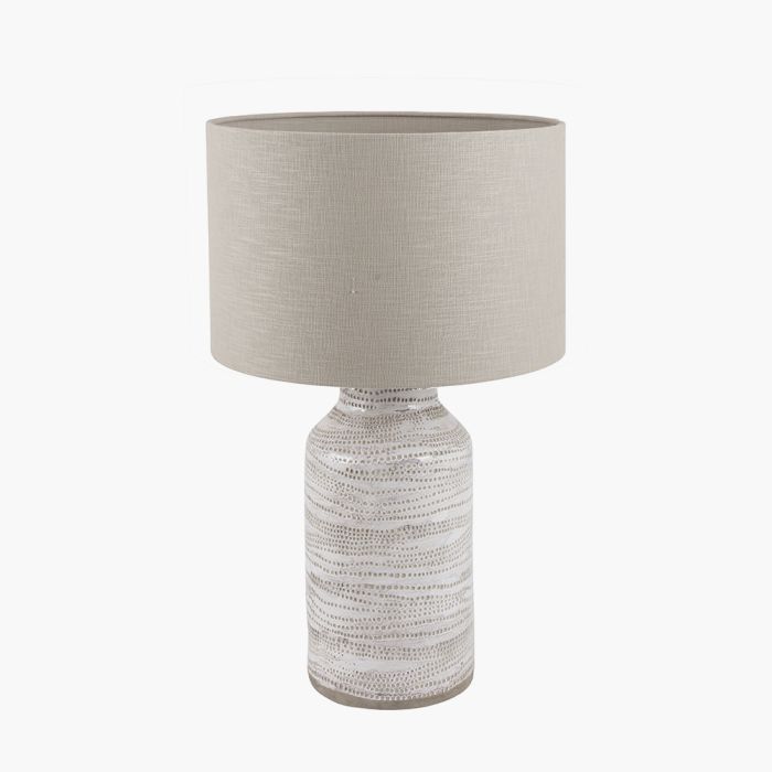 Alina White Dot Design Stoneware Table Lamp Base with Lino 30cm Grey Self Lined Linen Cylinder Lampshade