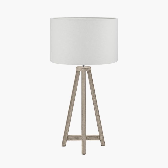 Whitby Grey Wash Wood Tapered 4 Post Table Lamp Base with Lino 35cm White Self Lined Linen Cylinder Lampshade