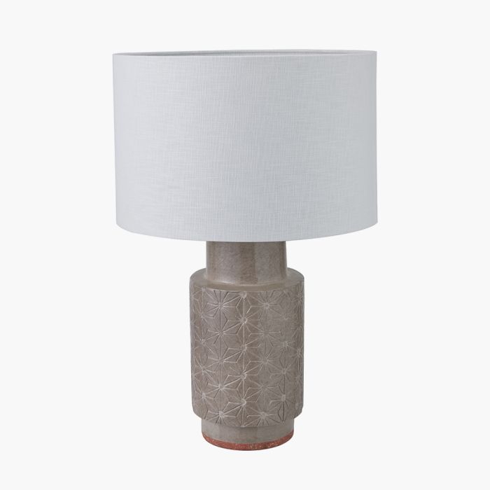 Sidra Grey Stoneware Etch Detail Table Lamp Base with Lino 35cm White Self Lined Linen Cylinder Lampshade