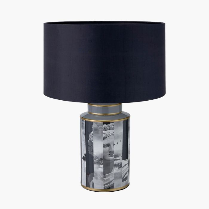 Fenella Black and White Photographic Design Table Lamp Base with Zara 40cm Black Silk Cylinder Lampshade