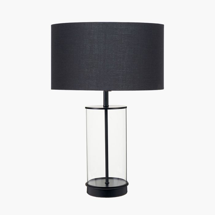 Westwood Clear Glass and Black Metal Table Lamp with Harry 35cm Black Poly Cotton Cylinder Drum Shade