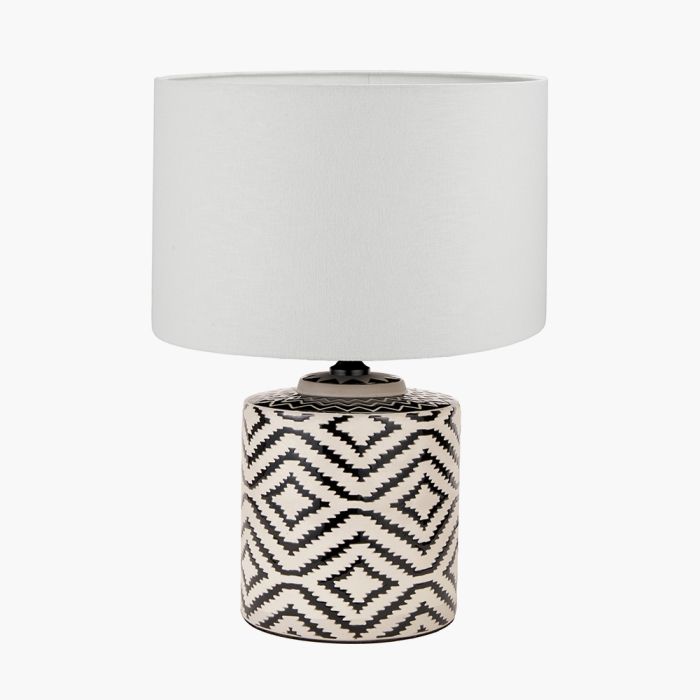 Chirala Black and White Ikat Ceramic Table Lamp Base with Lino 35cm White Self Lined Linen Cylinder Lampshade