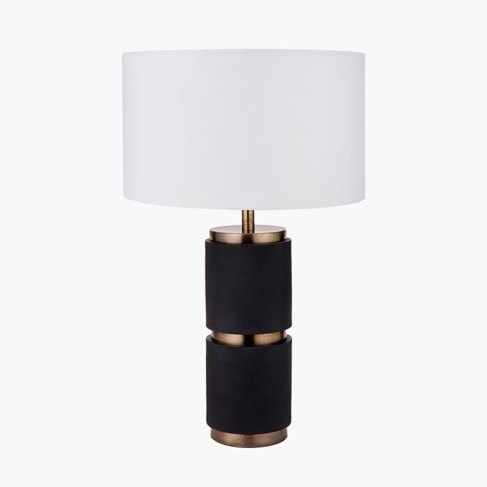 Alnico Black and Brass Metal Textured Table Lamp Base with Harry 35cm Ivory Cotton Mix Cylinder Lampshade
