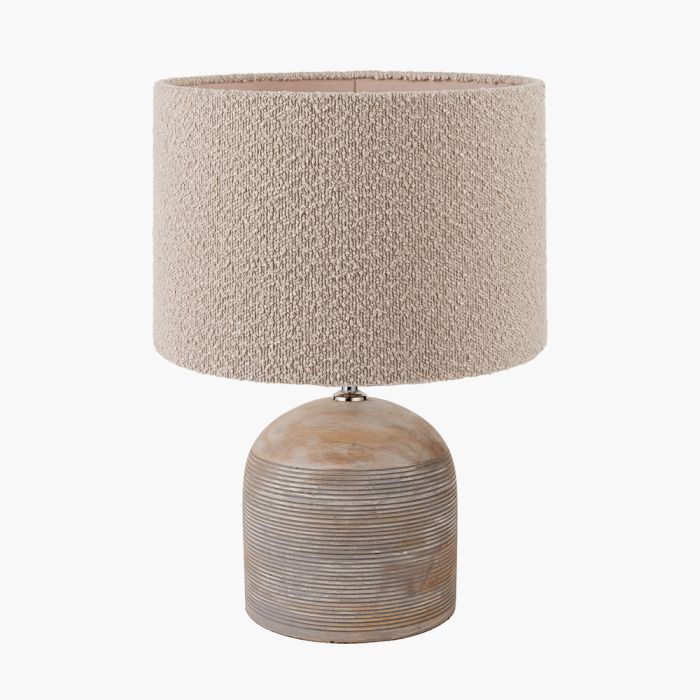 Nelu Grey Engraved Wood Dome Table Lamp Base with Rouen 35cm Taupe Boucle Cylinder Lampshade