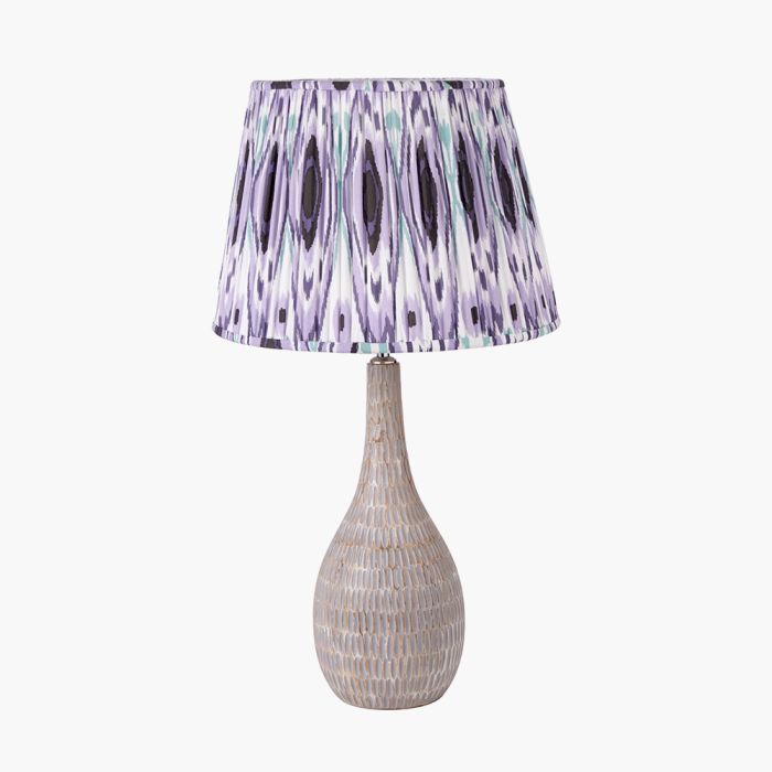 Loan Grey Engraved Wood Bottle Table Lamp Base with Izara 40cm Lilac Ikat Patterned Mushroom Pleat Tapered Lampshade