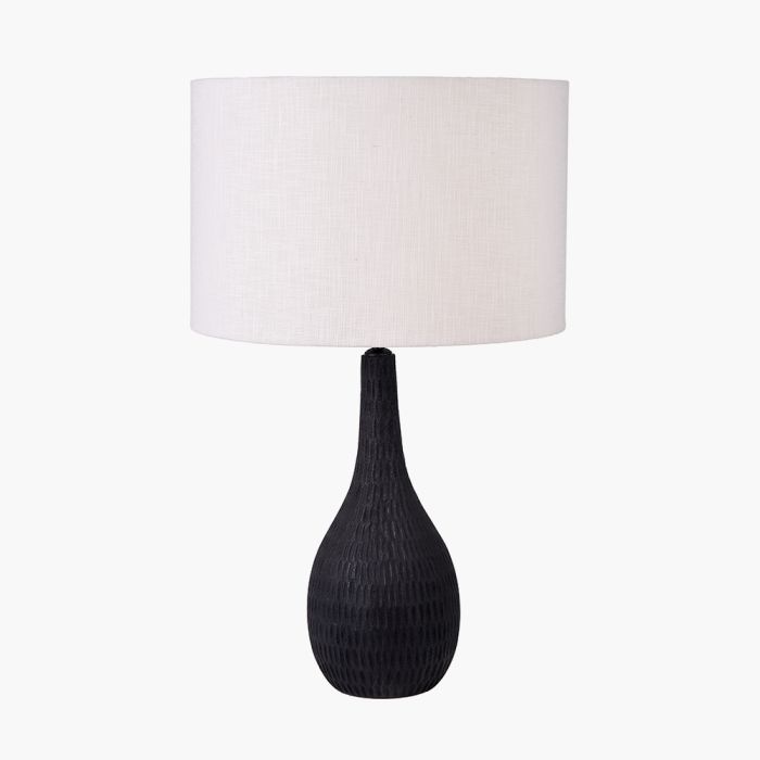 Ioan Black Engraved Wood Bottle Table Lamp Base with Lino 40cm White Self Lined Linen Cylinder Lampshade