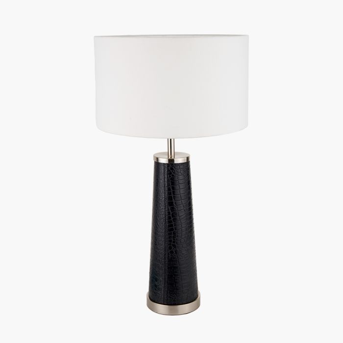 Laurence Black Croc Leather and Silver Table Lamp Base with Henry 40cm White Handloom Cylinder Lampshade