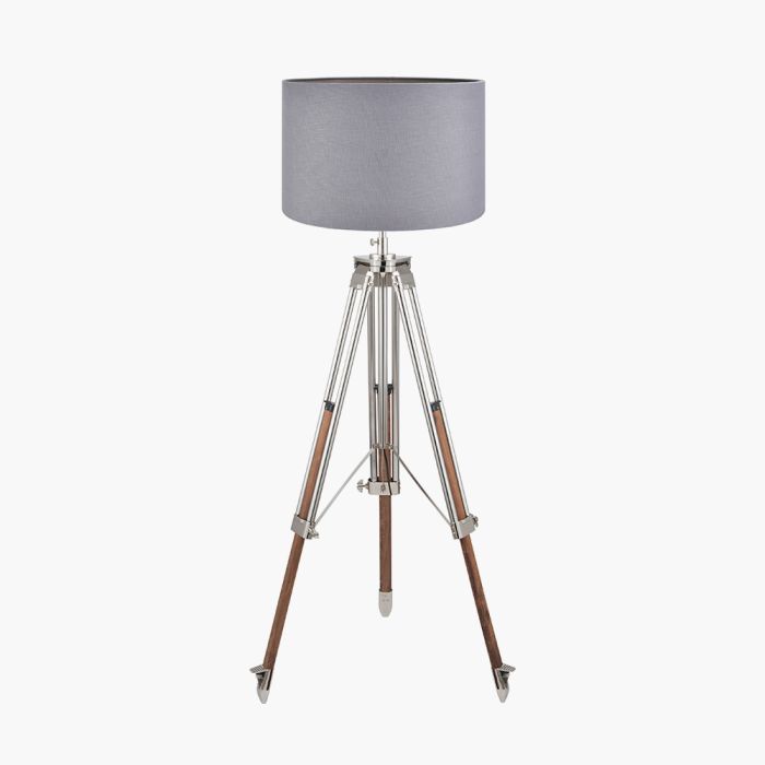 Port Nickel and Wood Tripod Floor Lamp Base with Lino 55cm Steel Grey Self Lined Linen Cylinder Lampshade