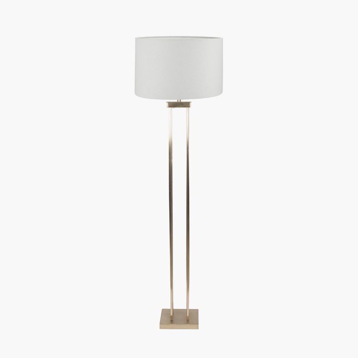 Langston Satin Brass Metal Column Floor Lamp Base with Lino 45cm White Self Lined Linen Cylinder Lampshade